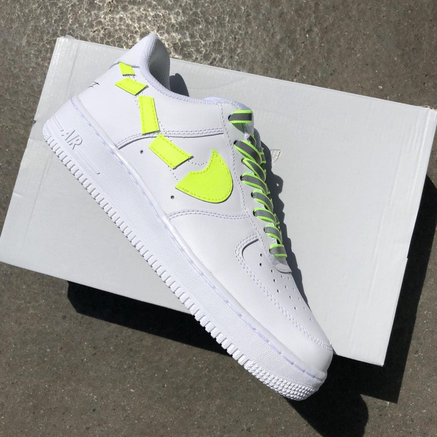 Custom AIR FORCE 1  - Destroyed swooshes (neon yellow)
